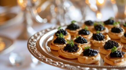 an extravagant arrangement of black caviar on a plate, creating a visually rich and upscale catering food setting