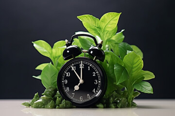 Black alarm clock with two rain dolls and white vase on green leaves on white background