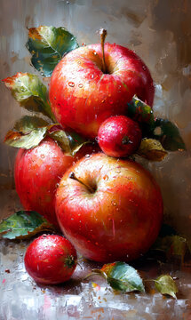 Autumn still life with a red apple and autumn leaves on a dark background.
