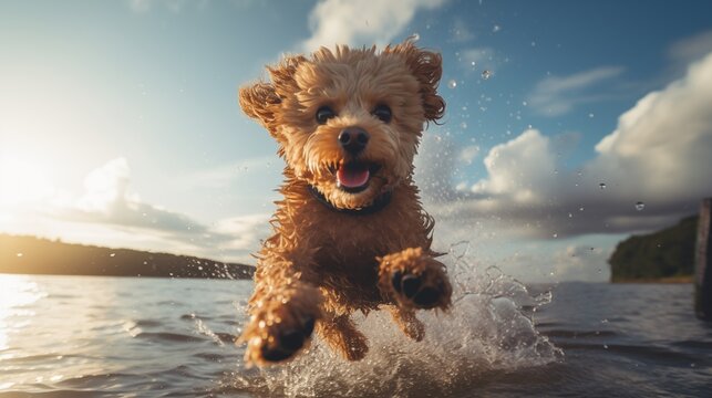 Close up photo of a happy poodle dog puppy bathing jumping to the water at sunset lake background as care and grooming concept