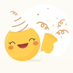 Yellow face emoji woman with a cute smile, a party hat and confetti popper in his hand. Emoticon Happy birthday, social media template, vector