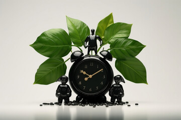 Black alarm clock with two rain dolls and white vase on green leaves on white background