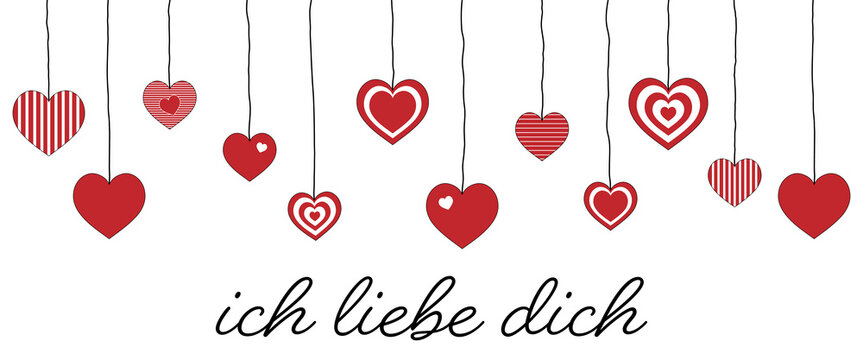 Ich liebe dich - Schriftzug in deutscher Sprache. Liebesbotschaft mit h&auml;ngenden Herzen.