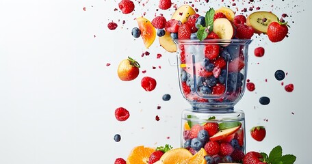 On a white backdrop features falling fruits into a blender filled with fruit juice, big space, Generative AI.