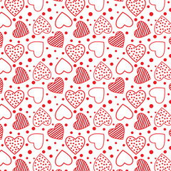 Doodle love heart Valentines Day seamless pattern. for Valentine's Day, birthday or wedding. Red hearts on a white background