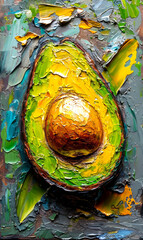 Abstract oil painting of an avocado on a colorful background.