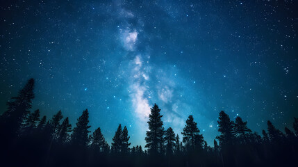 Naklejka premium Nature's Nighttime Symphony: Milky Way and Tranquil Forest in Harmony