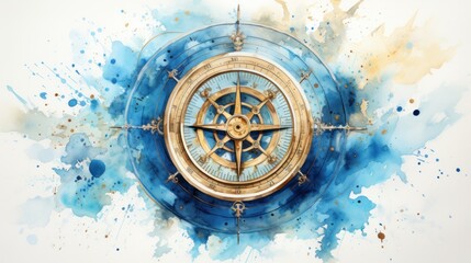 compass rose and compass watercolor - obrazy, fototapety, plakaty