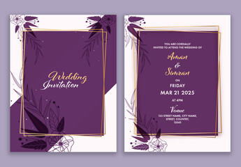 Wedding Invitation Card Template Layout in Purple and White Color.