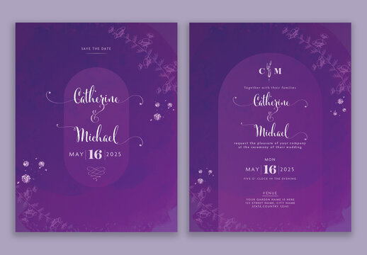 Purple Color Floral Wedding Invitation Card in Front and Back Side.