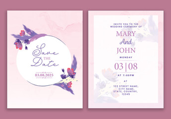 Double-Side of Wedding Invitation Card Design in Pink and White Color.