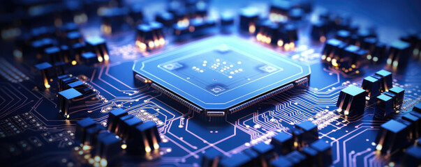 Digital Microprocessor. Computer Controller Circuit Board closeup Main Central Processing Unit Electronic Chips with Data Signal Lane