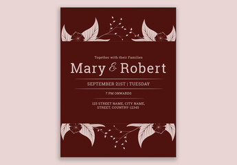 Creative Floral Wedding Card Template Layout with Event Details in Dark Red Color.