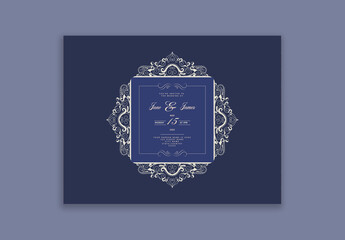 Wedding Card Template or Poster Layout with Flourish Motif Pattern in Slate Blue Color.
