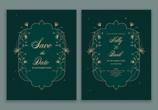 Green Color Wedding Invitation Card Decorated with Floral in Double-Side.