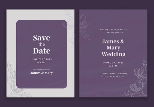 Creative Wedding Invitation Card with Linear Style Floral and Double-Side.