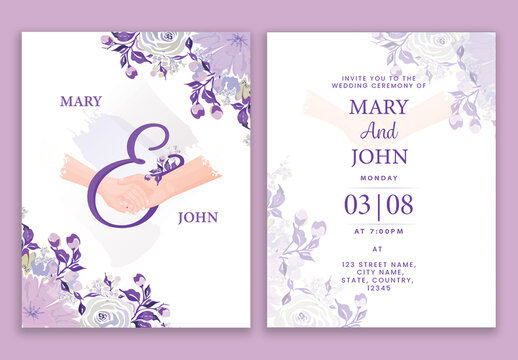 Beautiful Floral Wedding Invitation Card with Couple Hands in Double-Side.