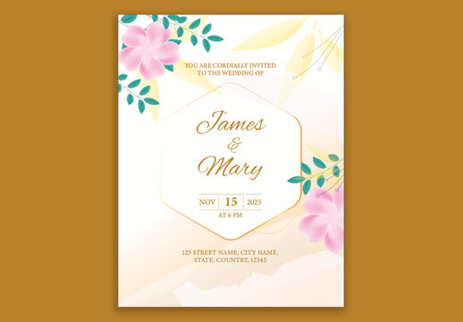 Floral Wedding Invitation Card Template Layout with Event Details.