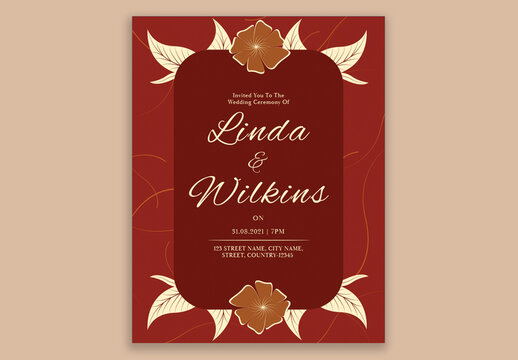 Wedding Invitation Card Decorated with Floral in Red Color.
