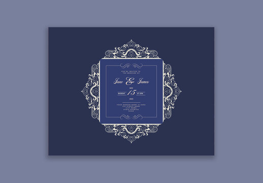 Wedding Card Template or Poster Layout with Flourish Motif Pattern in Slate Blue Color.