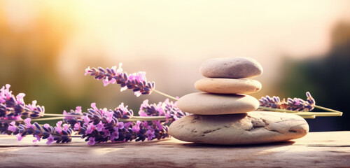 Fototapeta na wymiar Zen Balance: Meditative Floral Garden in White and Purple – A Serene Oasis of Tranquility