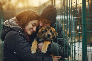 A dog from a shelter in the arms of a happy man and woman who hug her. Stray dog, dog lovers - obrazy, fototapety, plakaty