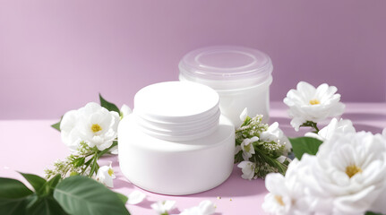 Cosmetic cream with flowers on color background, closeup. Beauty treatment