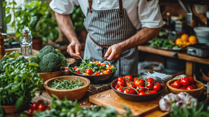 Obraz premium The chef is preparing a dish of vegetables, close-up.