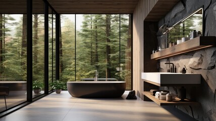 Modern bathroom with a large window in the woods. Luxury architecture