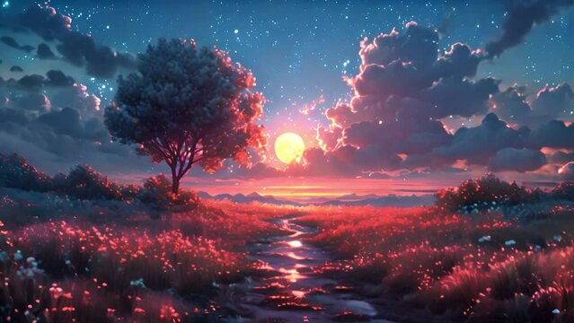 Night forest landscape fireflies glowing in darkness. Big moon shining.Fairy tale of dark landscape with footpath running between, bushes and grass, magic lights sparkling in air mp4