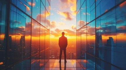 Foto op Plexiglas Entrepreneur at pinnacle of skyscraper, city skyline, sunset hues. Success, business, investment concept. © Katerina Bond