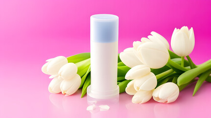 Fototapeta na wymiar White tulips and cosmetic cream on a pink background. Beauty concept