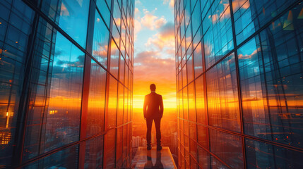 Entrepreneur at pinnacle of skyscraper, city skyline, sunset hues. Success, business, investment concept.