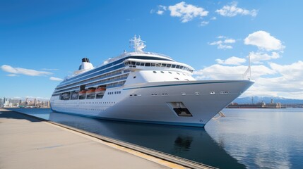 A modern, white cruise ship near the pier, side view. Travel and vacation