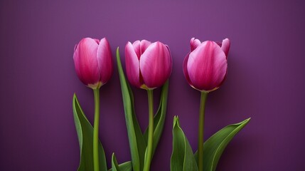 Fototapeta premium Three vibrant pink tulips stand upright in a neat row isolated on a dark violet background for use in professional product advertising and creative retail banners.