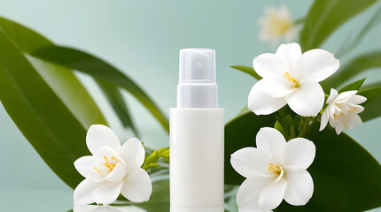 Fototapeta na wymiar cosmetic bottle with dropper and white freesia flowers on green background