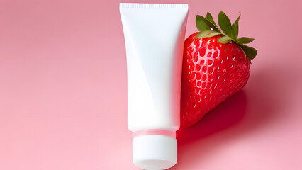 Blank white cosmetic tube with red strawberry on pink background. Beauty product concept