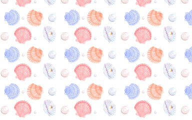 background with shells and pearls seamless pattern watercolor illustration 