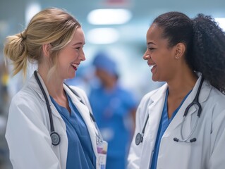 Happy multiracial female physicians looking at each other in hospital 