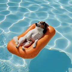 dog floating on a air mattress in a pool dog chilling