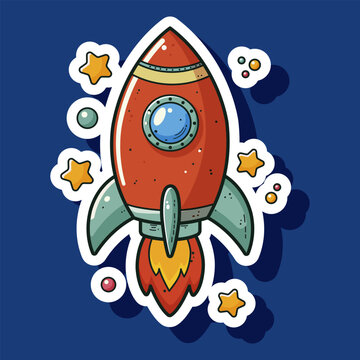 Cute cartoon cosmic stickers for children. Space cosmonaut rocker shuttle spaceship planet ufo alien satellite on isolated blue background. Fashion stickers, label style for print. Vector illustration