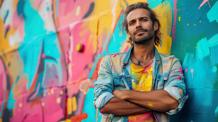 Confident male artist in a paint-splattered denim jacket standing before a vibrant graffiti...