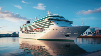 A modern, white cruise ship near the pier, side view. Travel and vacation