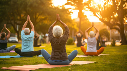 Multiracial senior people doing yoga exercises outdoor with city park in background - Healthy lifestyle and joyful elderly concept - Model by AI generative
 - Powered by Adobe