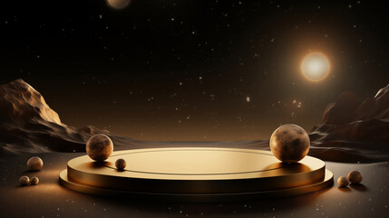  an empty gold luxury product display podium against the backdrop of abstract planets from outer space.
