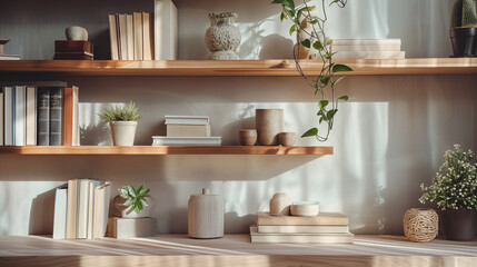 Fototapeta na wymiar minimalist home decor with books and greenery