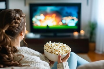 Cozy Woman eating popcorn and watching tv at home - obrazy, fototapety, plakaty