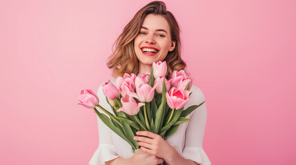 Obraz na płótnie Canvas joyful woman with pink tulips and flowers on pink background