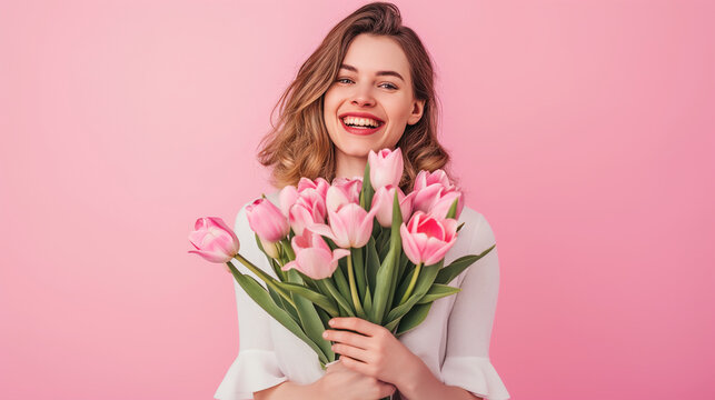 joyful woman with pink tulips and flowers on pink background