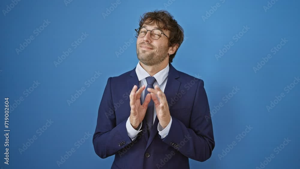 Poster Joyful young blond man in business suit, hands together with crossed fingers, showing a relaxed and cheerful smile against isolated blue background.